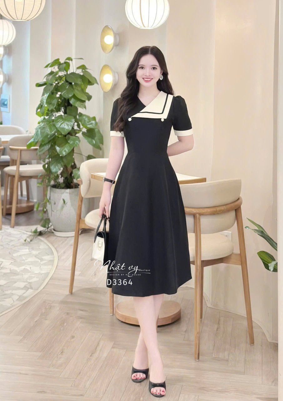  Đầm cổ V phối cách điệu đính nút kiểu - D3364 
