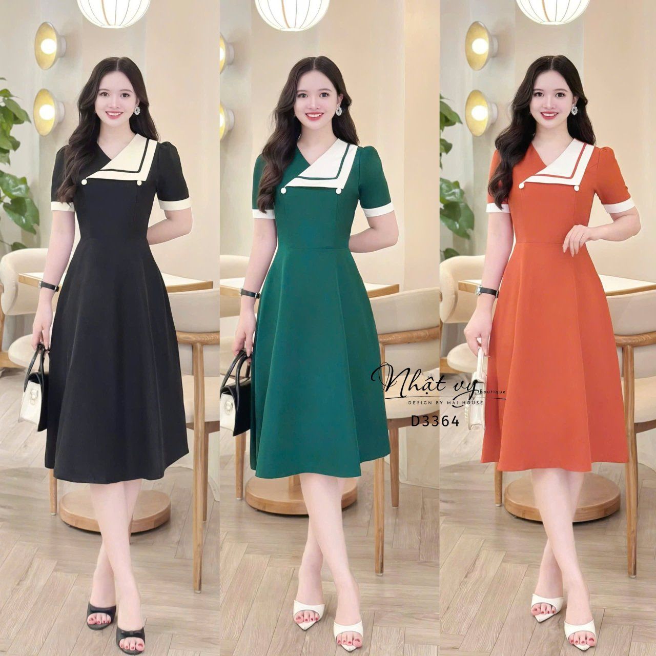  Đầm cổ V phối cách điệu đính nút kiểu - D3364 