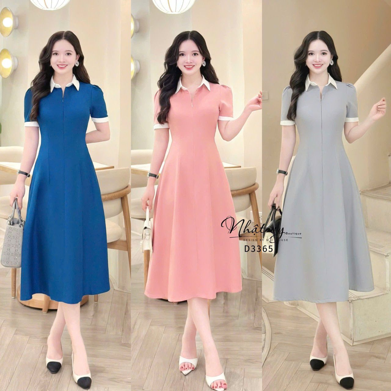  Đầm cổ sơ mi phối tay form dáng ôm - D3365 