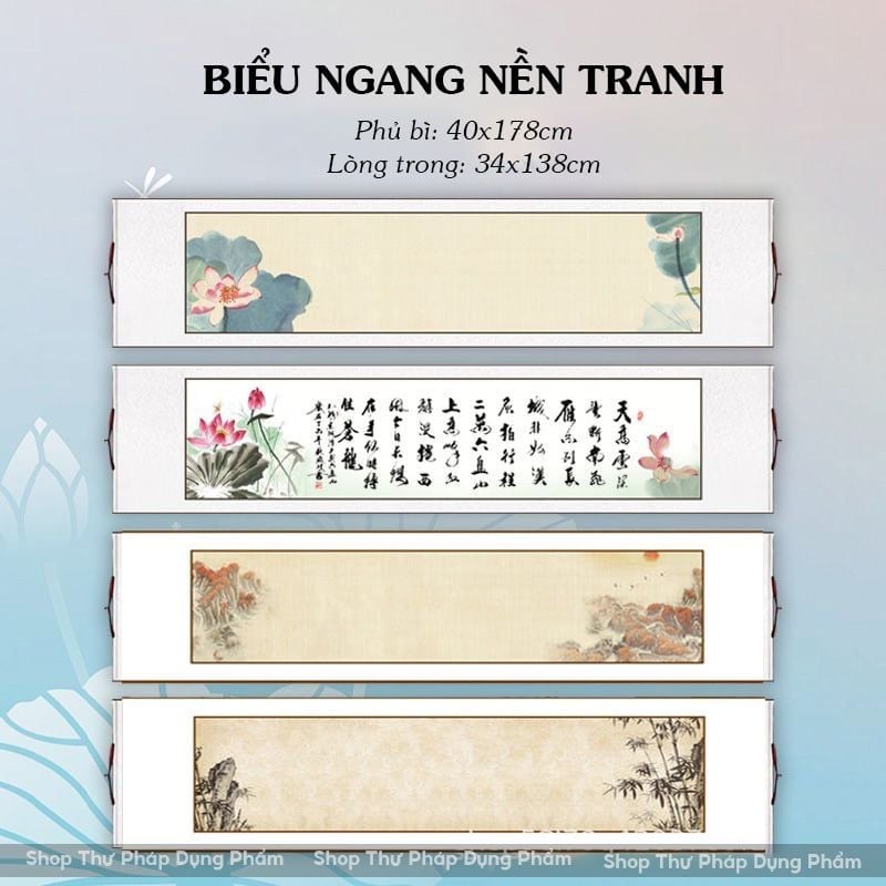 Biểu liễn lụa nền tranh sơn thủy mẫu ngang 40x178cm