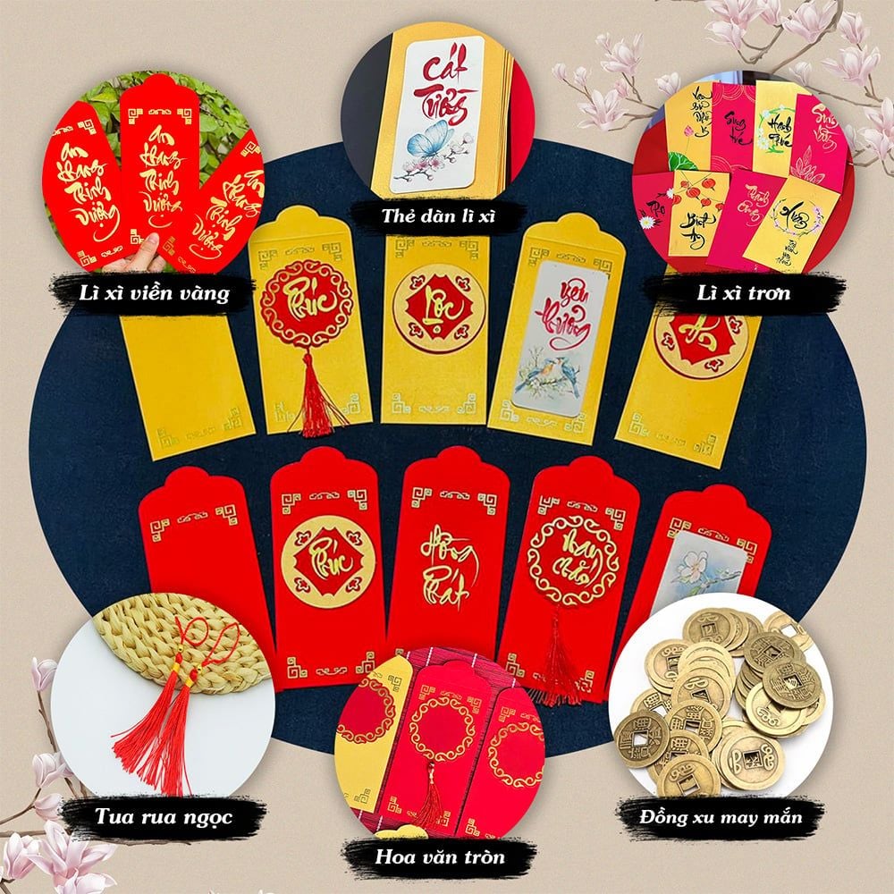 Tổng hợp phôi lì xì đỏ vàng viết thư pháp và phụ kiện kết hợp (set 10 chiếc)