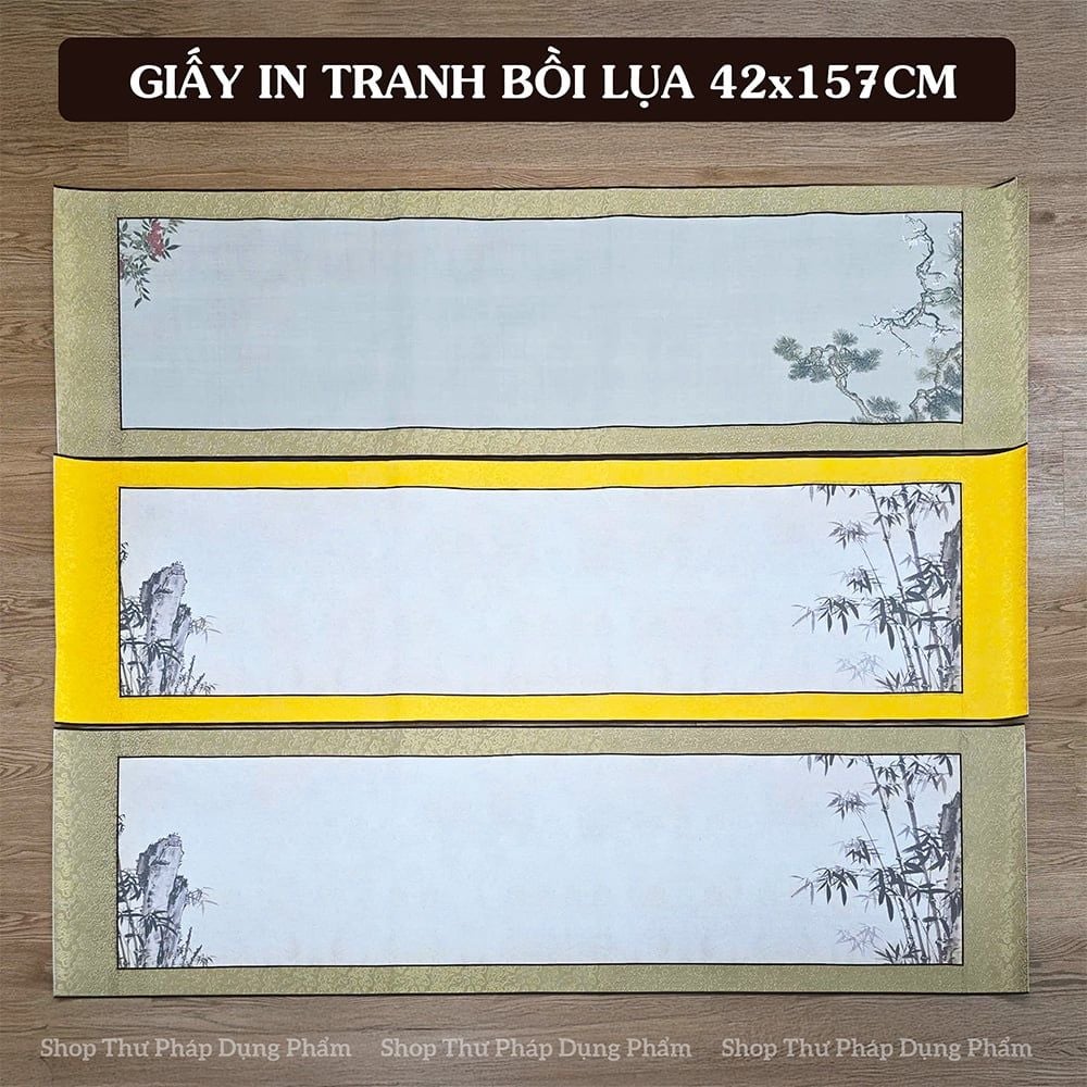 Giấy in tranh bồi lụa viết thư pháp đóng khung 42x157cm