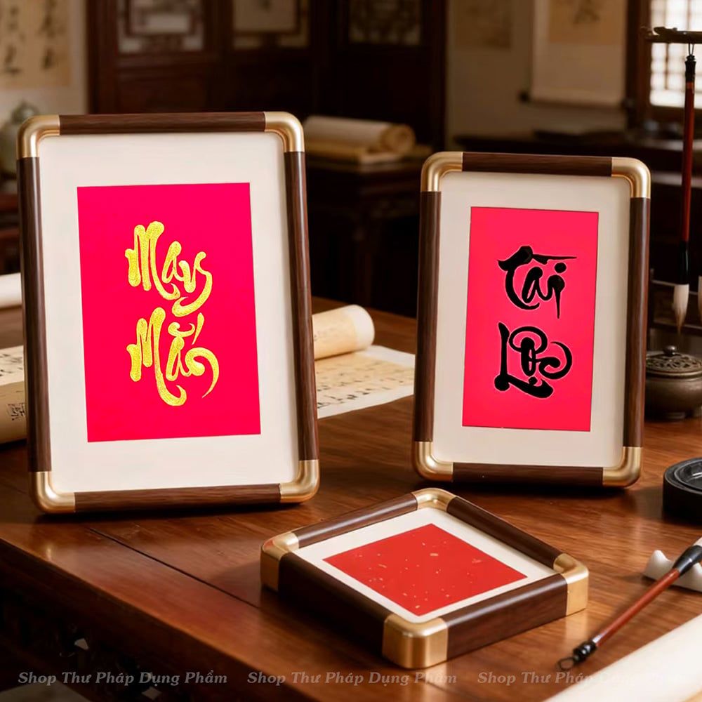 Khung tranh ảnh viết thư pháp để bàn khung PVC viền tròn vàng tặng kèm giấy
