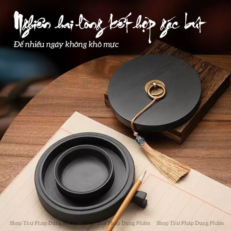 Nghiên mực đá nguyên khối 2 lòng kết hợp gác bút tránh bay hơi nước và khô mực