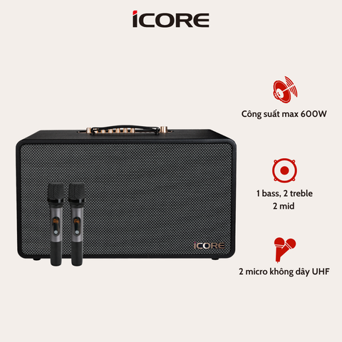 Loa Karaoke Xách Tay iCore S9. Âm Trầm Uy Lực, Kèm 2 Micro không dây UHF - Chính Hãng