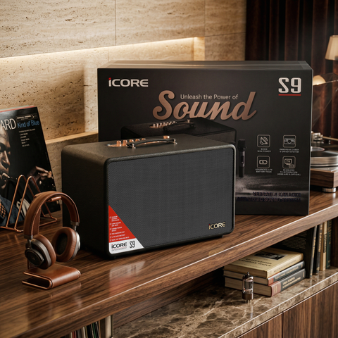 Loa Karaoke Xách Tay iCore S9. Âm Trầm Uy Lực, Kèm 2 Micro không dây UHF - Chính Hãng