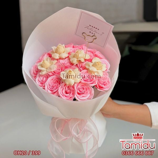 Bó Hoa Cầm Tay 20b Sáp Ecuador Mix Nụ Hồng Nở