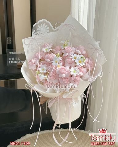 Sweet Love – Nụ Hồng Pume Sáp x Cúc Mi | Bó Hoa Sáp Hồng Pastel