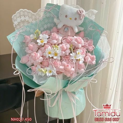 Kitty Love – Bó Hoa Nụ Hồng Plume Sáp Kèm Gấu Kitty
