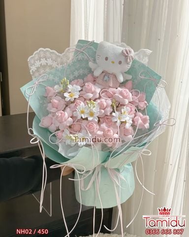 Kitty Love – Bó Hoa Nụ Hồng Plume Sáp Kèm Gấu Kitty