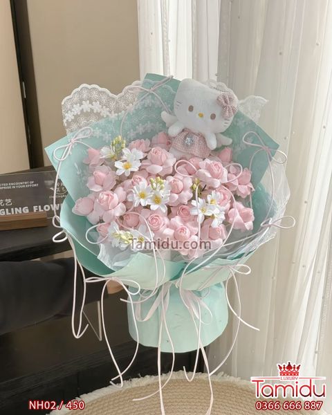 Kitty Love – Bó Hoa Nụ Hồng Plume Sáp Kèm Gấu Kitty