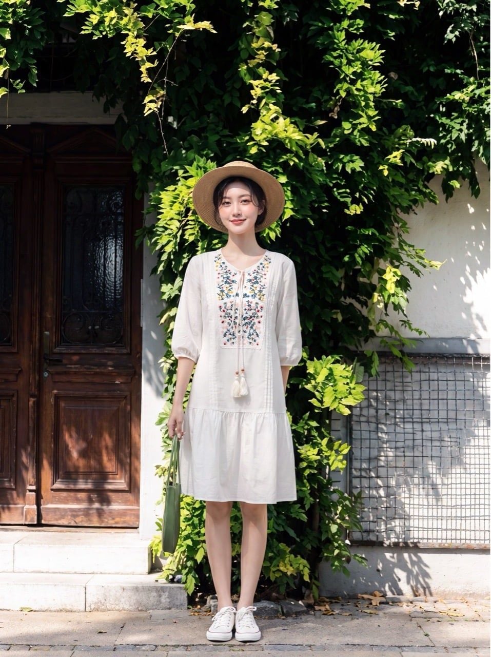  Đầm đuôi cá tunic trắng thêu thân trước 