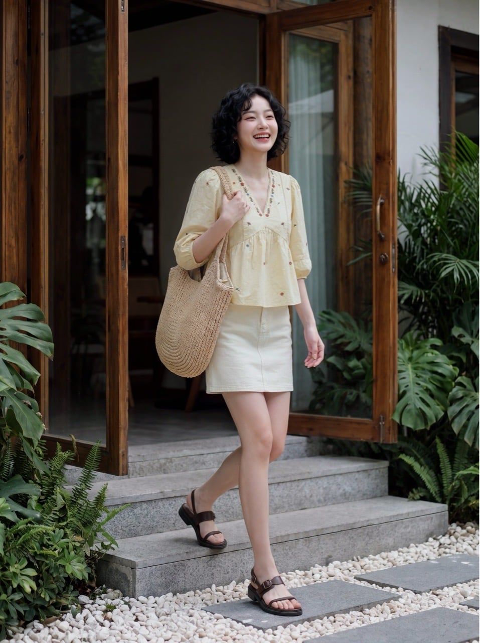  Áo peplum thô vàng kem thêu hoa cổ 