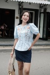  Áo peplum xanh thiên thanh thêu thân trước 