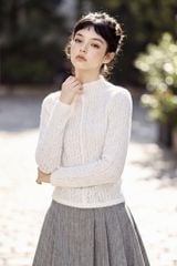  Top dài tay len ren gân nổi trắng kem cổ leo ( Form nhỏ - chọn tăng 1 size) 
