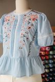  Áo peplum xanh thiên thanh thêu thân trước 