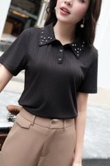  Áo thun polo đen đính đá cổ 