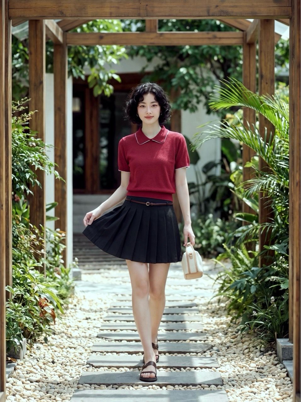  Áo Polo thun dệt màu đỏ đô phối diềm trang trí 