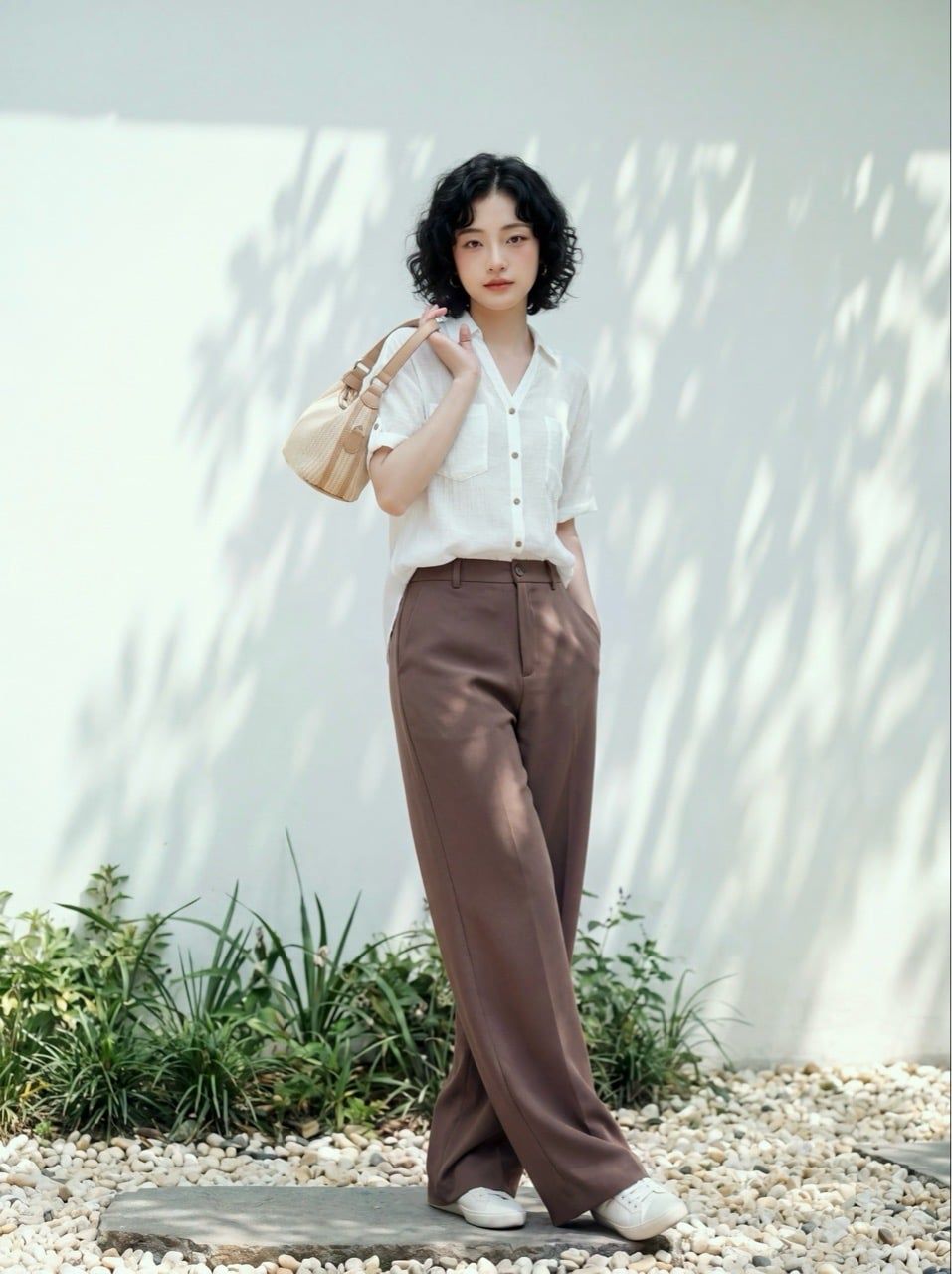  Sơ mi basic cổ V màu trắng 