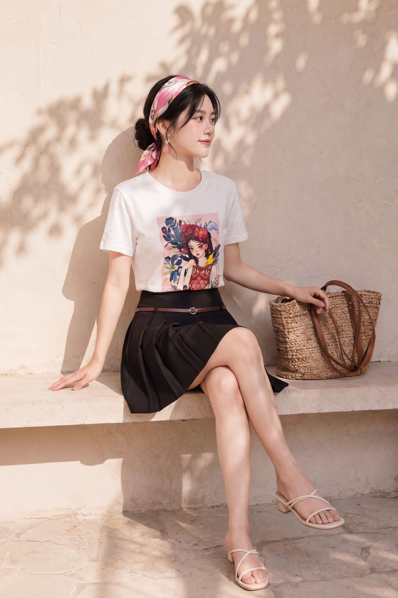  Chân váy mini Đen xếp ly kèm belt 