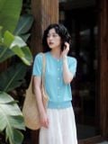  Áo thun dệt xanh ngọc lam thêu ngực 