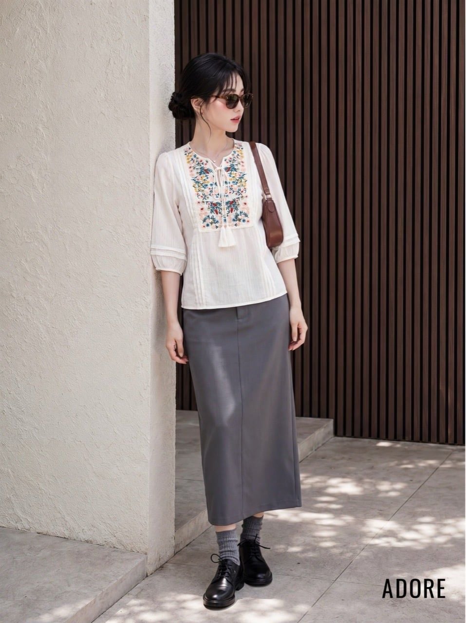  Chân váy Midi Basic Ghi Đậm 