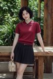  Áo Polo thun dệt màu đỏ đô phối diềm trang trí 