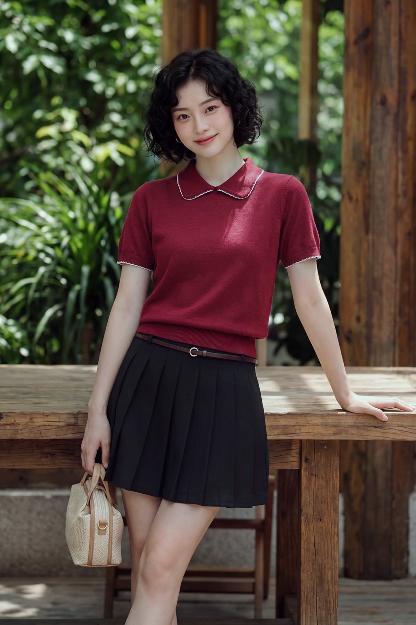  Áo Polo thun dệt màu đỏ đô phối diềm trang trí 