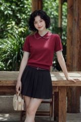  Áo Polo thun dệt màu đỏ đô phối diềm trang trí 