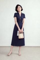  ĐẦM MIDI NAVI CỔ V NHÚN SƯỜN 