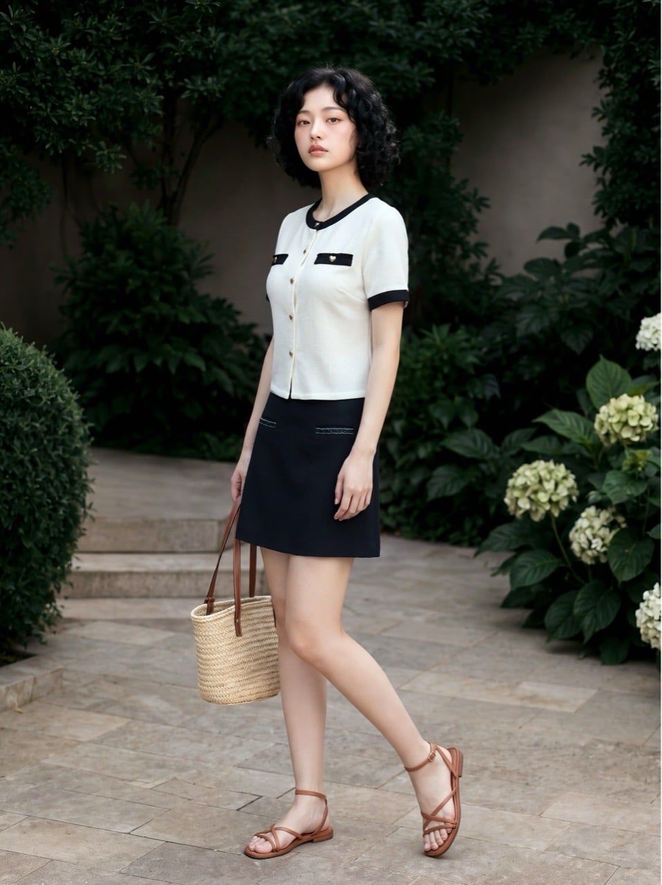  Chân váy A mini basic phối dây lấp lánh Đen 