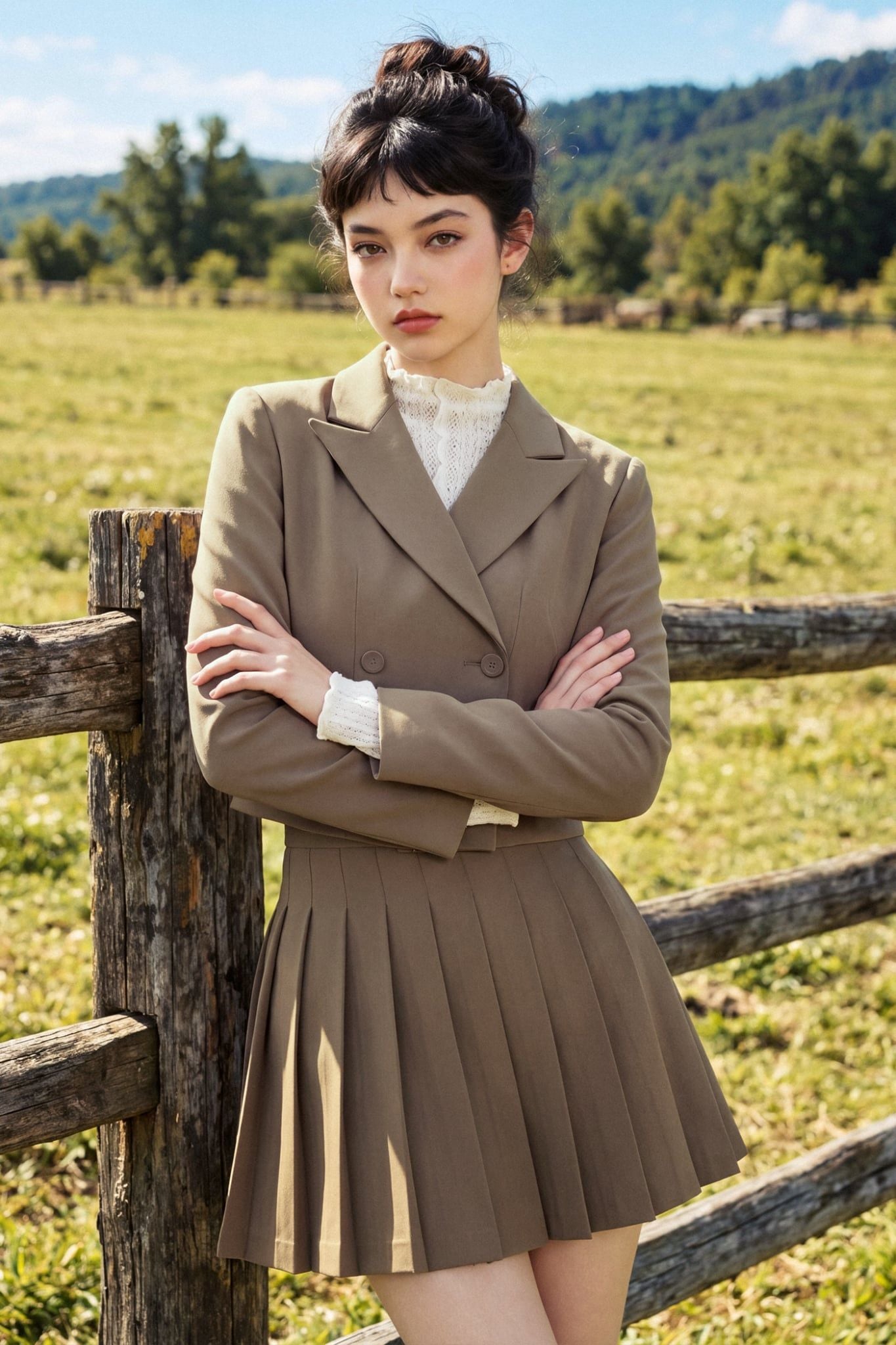  Blazer hè cổ 2 ve dáng ngắn nâu rêu 