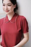  Áo Polo thun dệt màu đỏ đô phối diềm trang trí 