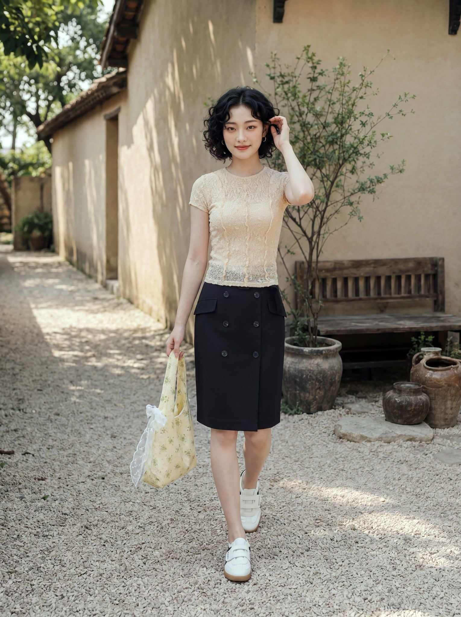  Áo thun ren can mảnh màu be nhạt 