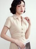  Đầm midi be cổ V nhún sườn 