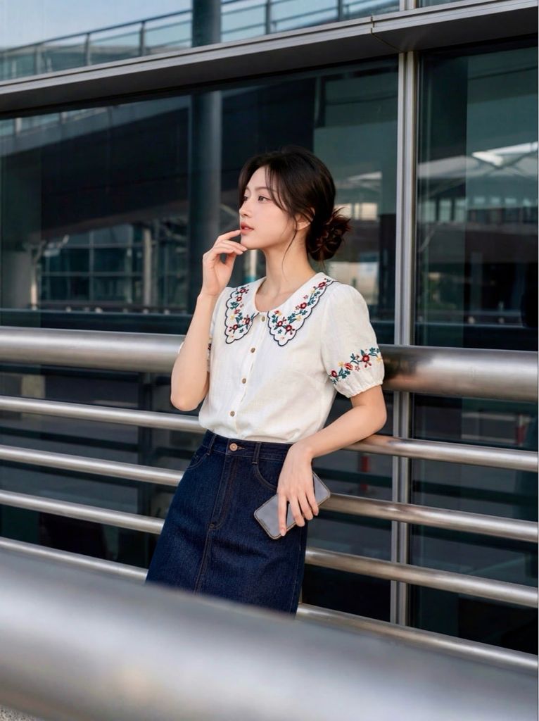 Top Trắng thêu dải hoa tay