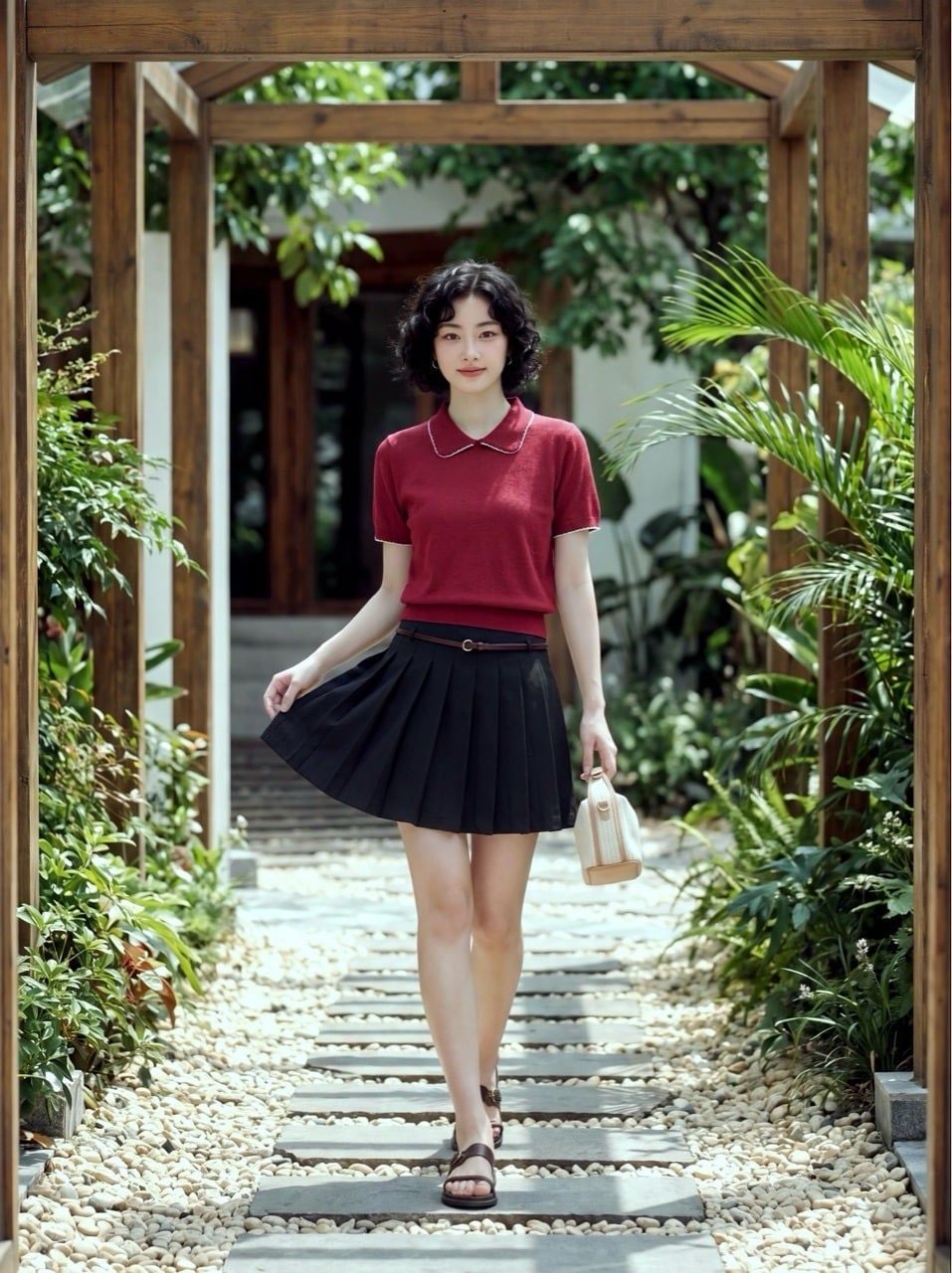  Chân váy mini Đen xếp ly kèm belt 