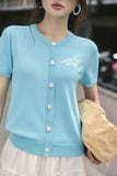  Áo thun dệt xanh ngọc lam thêu ngực 