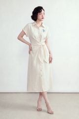  Đầm trắng kem Hawai cổ sơ mi nơ vắt lệch 