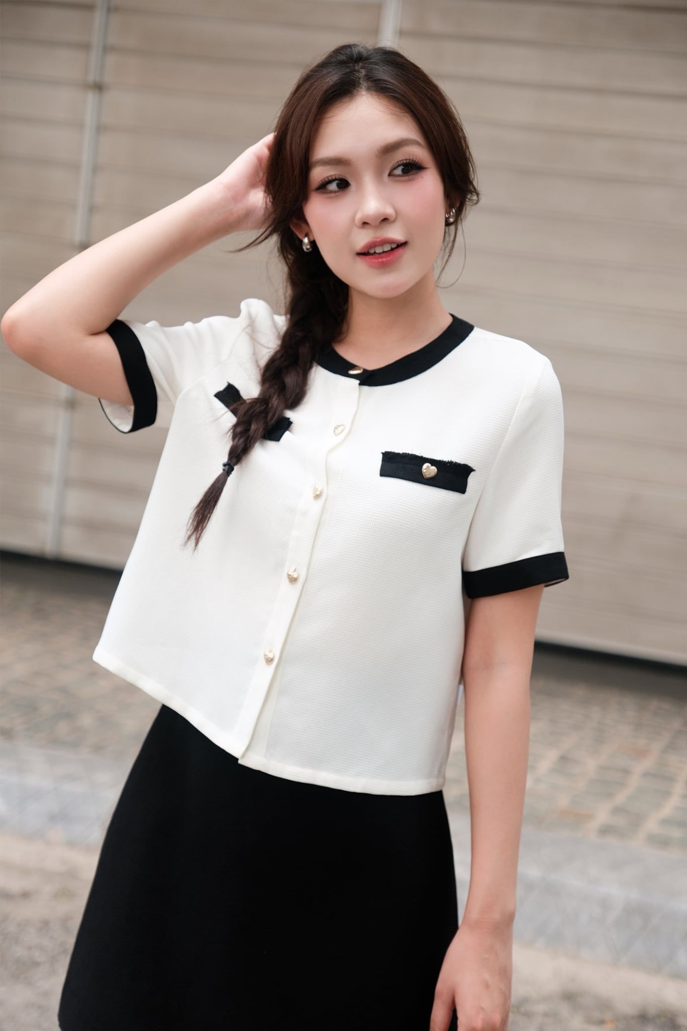  Chân váy A mini basic phối dây lấp lánh Đen 