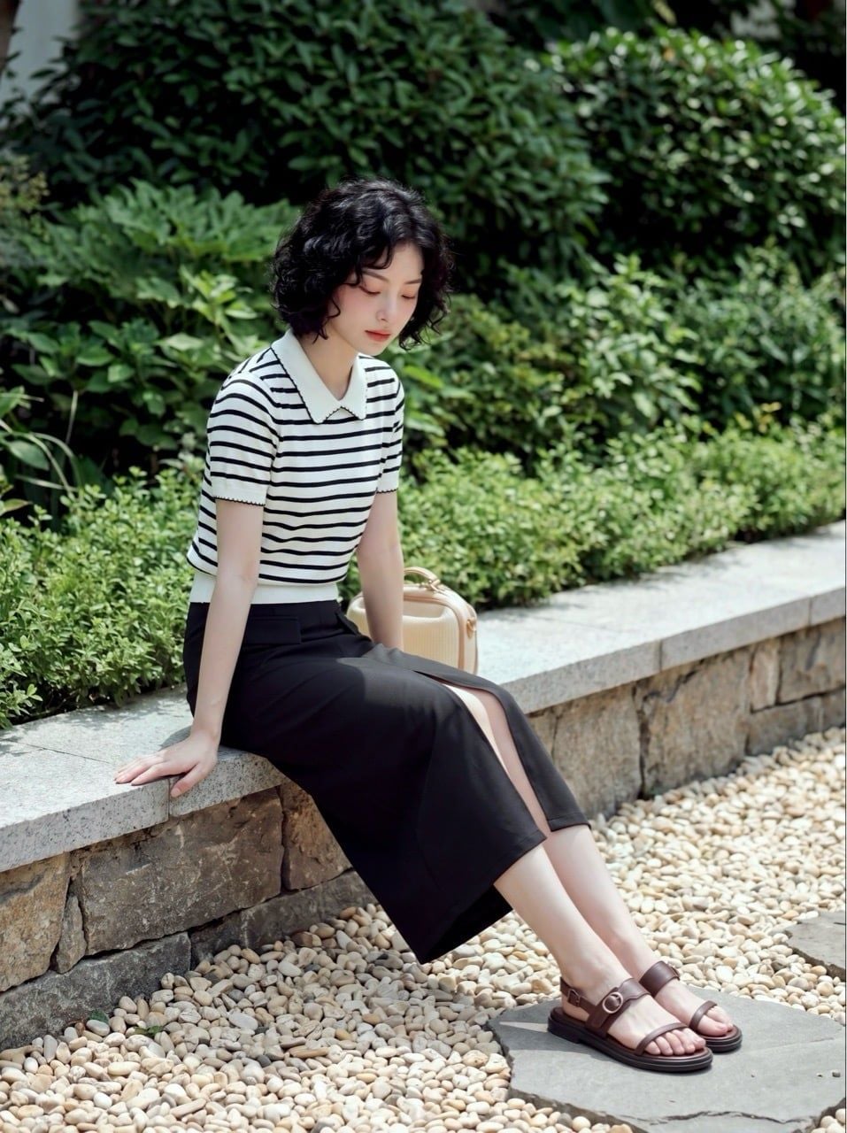  Chân váy midi basic sẻ trước màu đen 