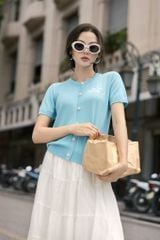  Áo thun dệt xanh ngọc lam thêu ngực 