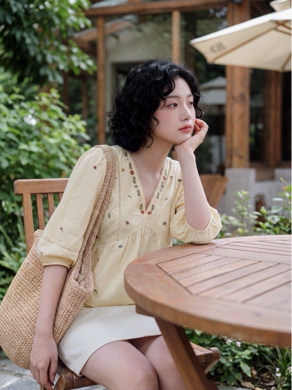  Áo peplum thô vàng kem thêu hoa cổ 