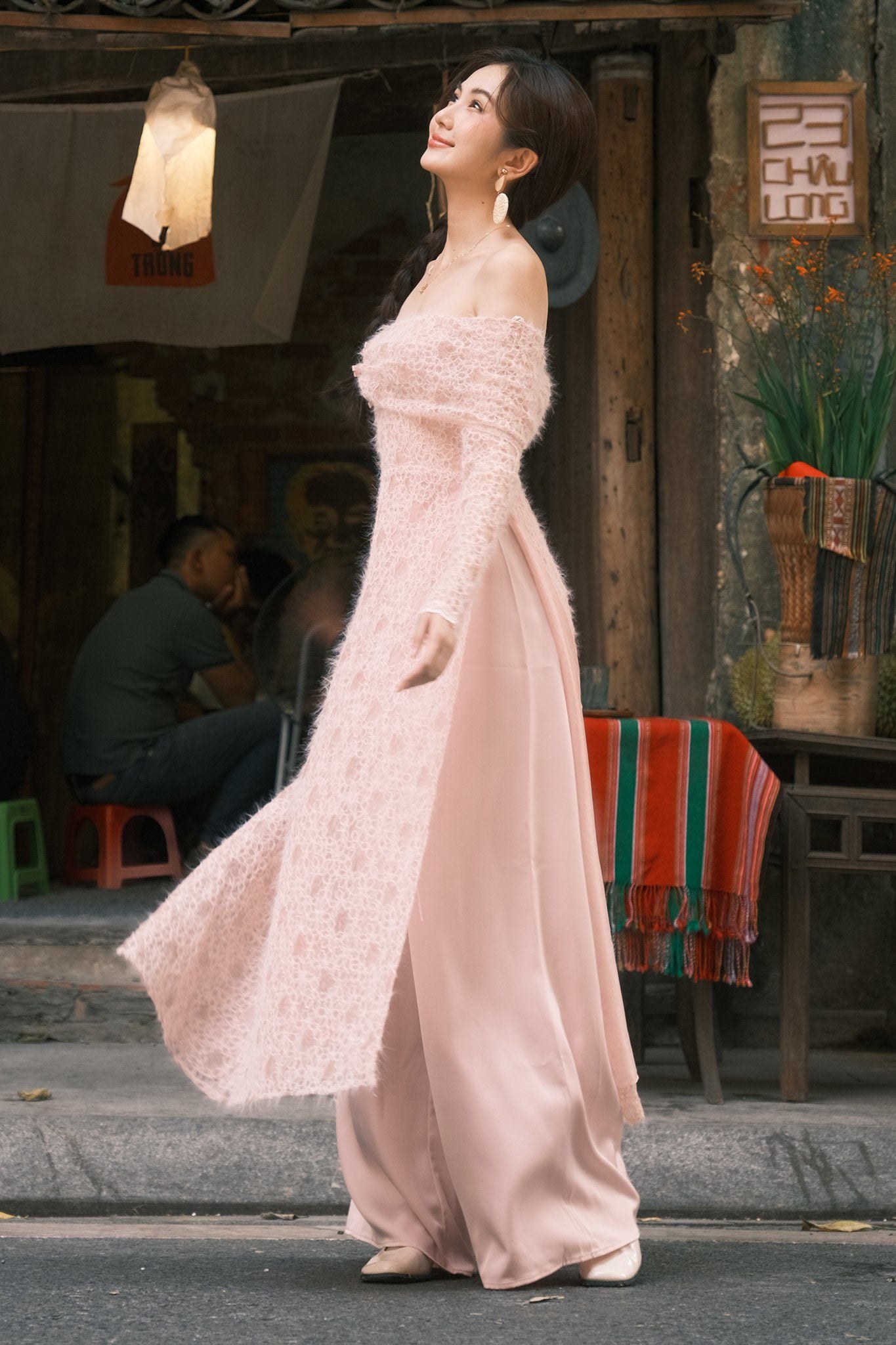 Bộ áo dài nữ lưới ren mây phấn