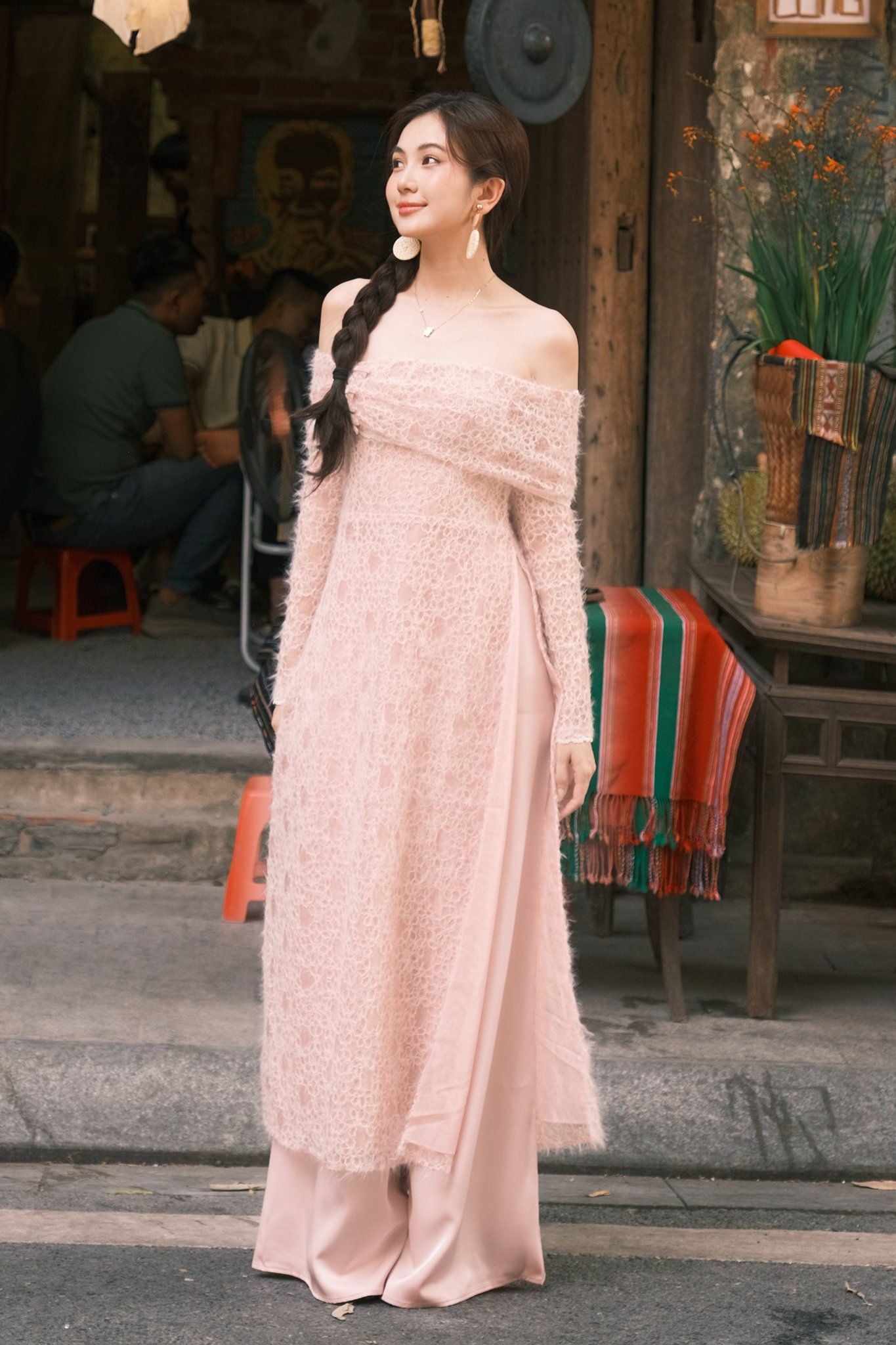 Bộ áo dài nữ lưới ren mây phấn