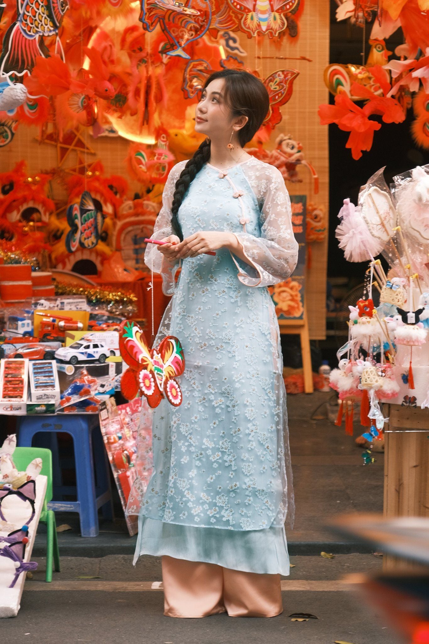 Bộ áo dài nữ voan tơ hoa rơi xanh ý vân