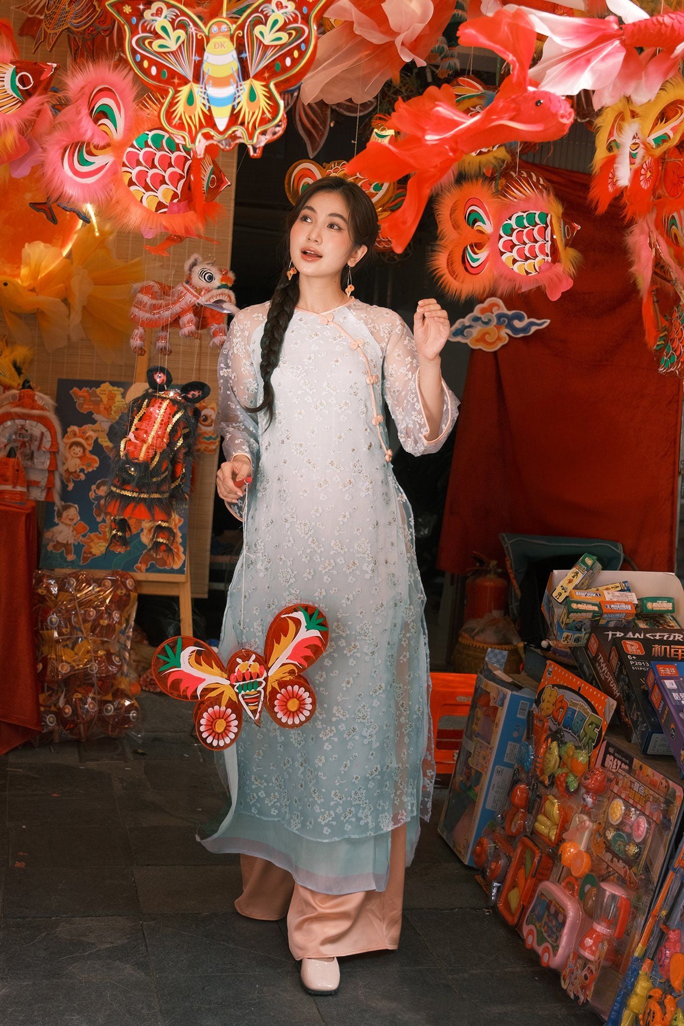 Bộ áo dài nữ voan tơ hoa rơi xanh ý vân