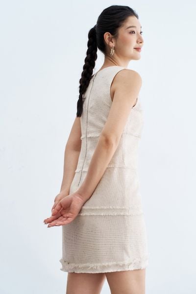 Đầm mini suông sát nách tech phẩy trắng đính nơ