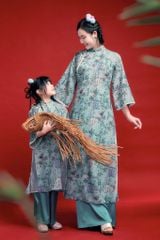  Lam Tường - Set áo dài bé gái tơ đèn lồng xanh ngọc lam 