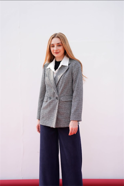 Áo blazer dạ mỏng houndstooth đen trắng